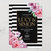 ピンクローゼズとストライプ結婚式招待状 招待状 (正面/裏面)