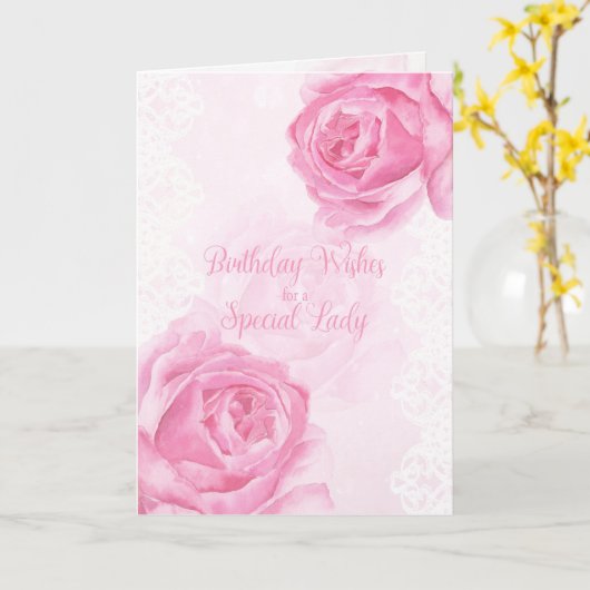 ピンクローゼズアンドレースハッピーバースデースペシャルレディ カード (黄色い花)