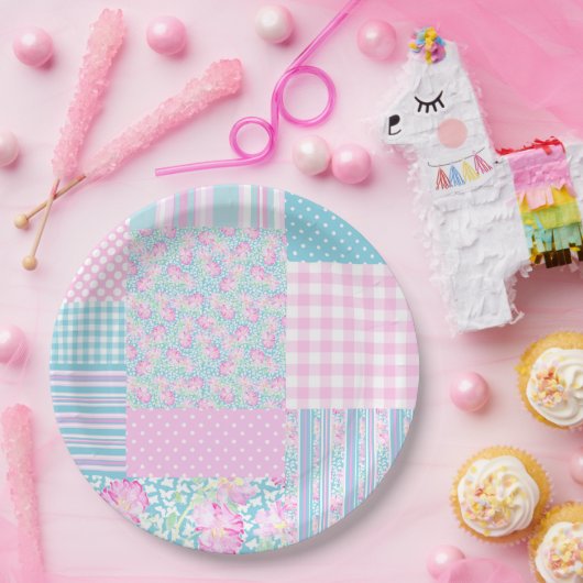 ピンクローゼズバタフライフェイクパッチワーク紙プレート ペーパープレート (パーティー)