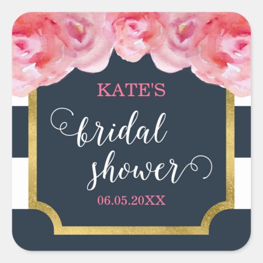 ピンクローゼズブルーストライプブライダルシャワー スクエアシール (正面)