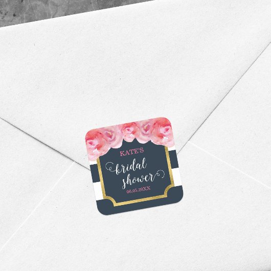 ピンクローゼズブルーストライプブライダルシャワー スクエアシール