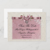 ピンクローゼズリボンロケットグリッター日付を保存 案内ポストカード (正面/裏面)