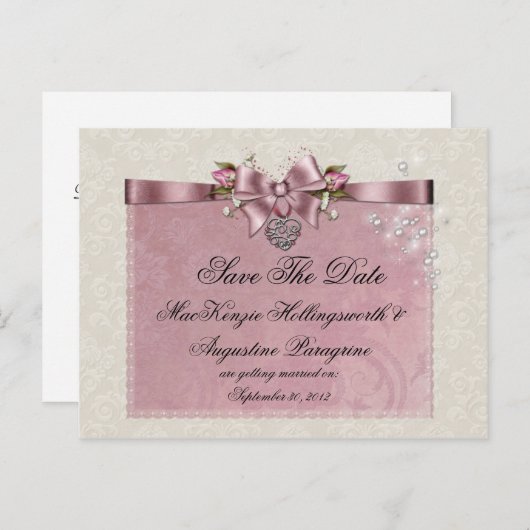 ピンクローゼズリボンロケットグリッター日付を保存 案内ポストカード (正面/裏面)