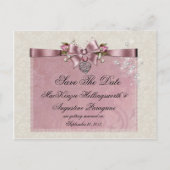 ピンクローゼズリボンロケットグリッター日付を保存 案内ポストカード (正面)