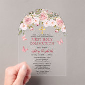 ピンクローゼズ蝶フローラファーストホーリーコミュニオン アクリル招待状 (インサイチュ (ポータブル))
