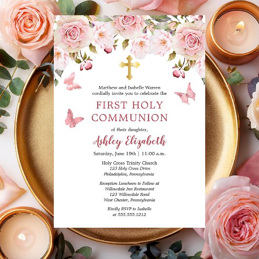 ピンクローゼズ蝶フローラファーストホーリーコミュニオン 招待状