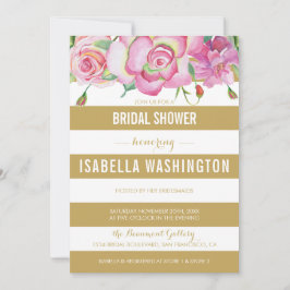 ピンクローゼズ&金ゴールドホワイトストライプブライダルシャワー 招待状