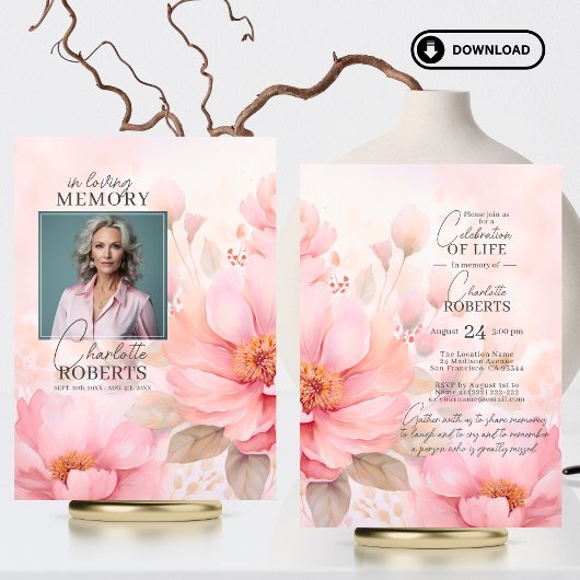 ピンクローゼフラワーズお祝いオブ・ライフ |写真 招待状