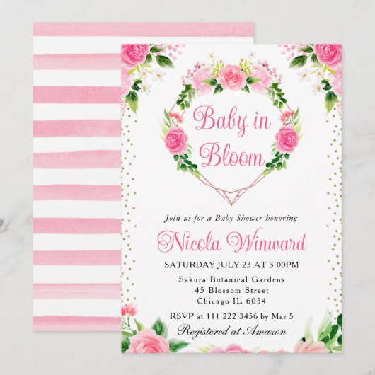ピンクローゼフラワーズハートリースベビーシャワー 招待状 (正面/裏面)