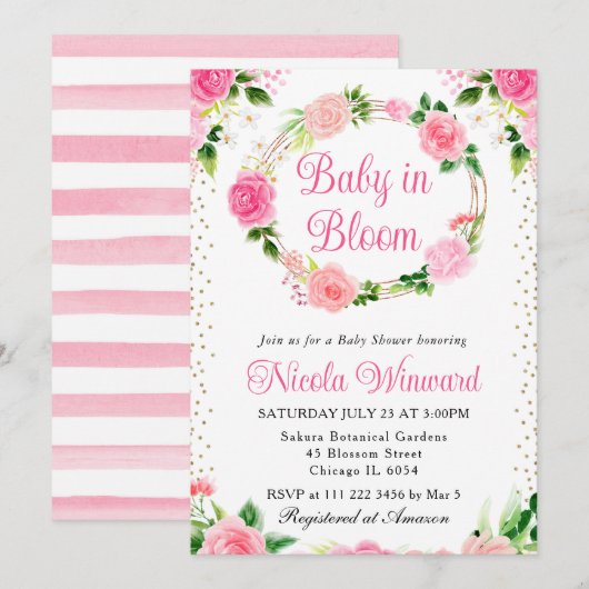 ピンクローゼフラワーズリースベビーシャワー 招待状 (正面/裏面)