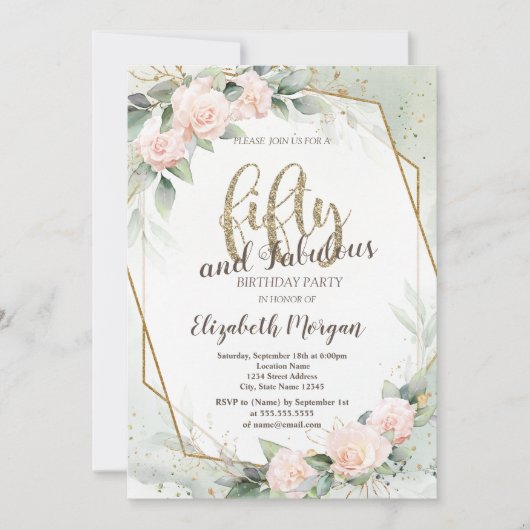 ピンクローゼフレーム紙吹雪グリーン50誕生日 招待状 (正面)