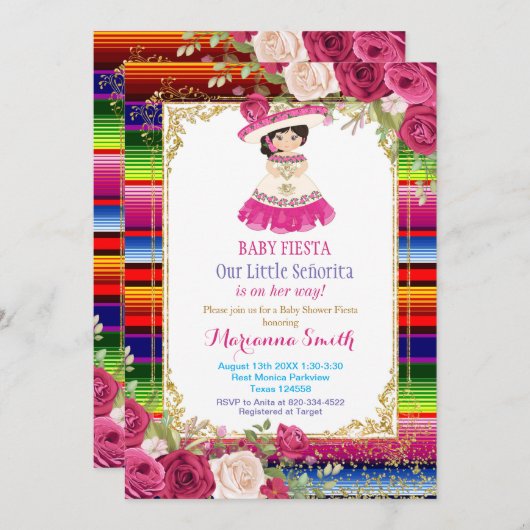 ピンクローゼメキシカンフェスタ赤ちゃんシャワー 招待状 (正面/裏面)