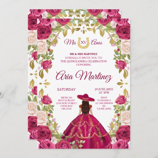 ピンクローゼメキシコガール15th誕生日招待状 招待状 (正面/裏面)