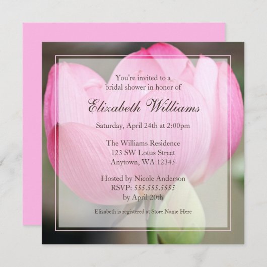 ピンクロータスフラワーブライダルシャワー招待状 招待状 (正面/裏面)