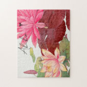 ピンクロータスフラワー日本のヴィンテージファインアート名 ジグソーパズル (縦)