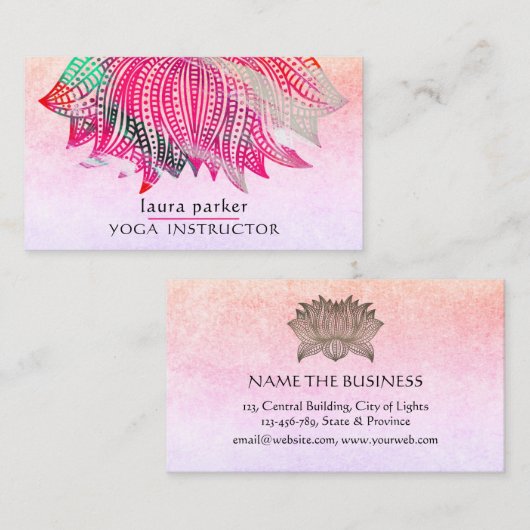 ピンクロータスマンダラヨガトレーナー瞑想レトロ 名刺 (正面/裏面)