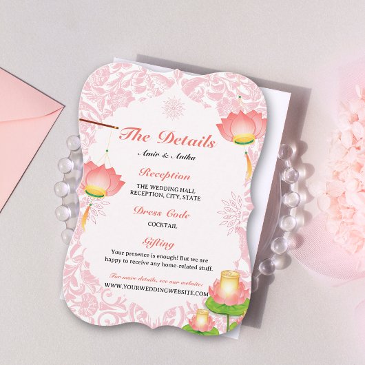 ピンクロータスランタンのインド結婚式詳細カード