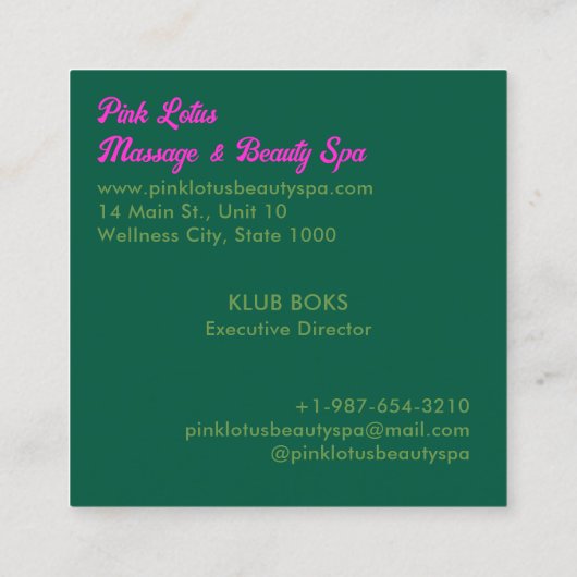 ピンクロータス美しいスパグリーンビジネスカード スクエア名刺 (裏面)