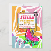 ピンクローラスケートで滑る誕生日カラフルレトロ 招待状 (正面)