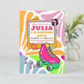ピンクローラスケートで滑る誕生日カラフルレトロ 招待状 (スタンド正面)