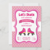 ピンクローラスケートキッズスケートで滑る誕生日パーティー 招待状 (正面)