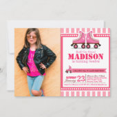 ピンクローラスケートスポーツ誕生日写真 招待状 (正面)