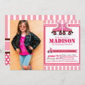 ピンクローラスケートスポーツ誕生日写真 招待状 (正面/裏面)