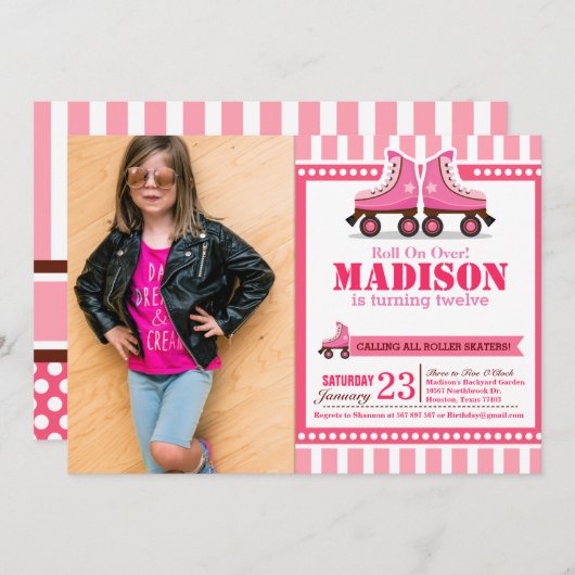 ピンクローラスケートスポーツ誕生日写真 招待状 (正面/裏面)