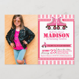 ピンクローラスケートスポーツ誕生日写真 招待状