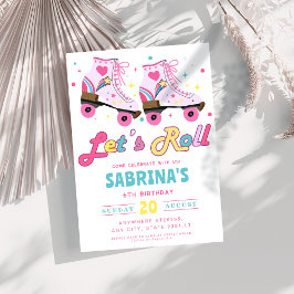 ピンクローラースケートで滑るガールズバースデーパーティー 招待状