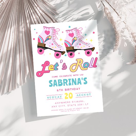ピンクローラースケートで滑るガールズバースデーパーティー 招待状
