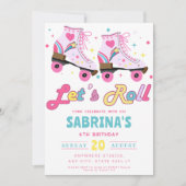 ピンクローラースケートで滑るガールズバースデーパーティー 招待状 (正面)