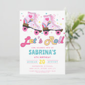ピンクローラースケートで滑るガールズバースデーパーティー 招待状 (スタンド正面)