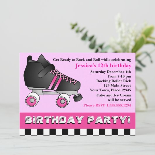 ピンクローラースケートの誕生日パーティー 招待状 (スタンド正面)