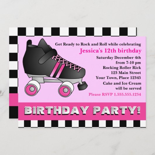 ピンクローラースケートの誕生日パーティー 招待状 (正面/裏面)