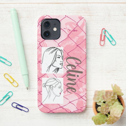 ピンクワイヤフェンシングの背景/編集可能な写真/名前 iPhoneケース (デスク上)