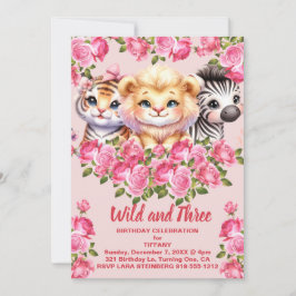 ピンクワイルドと3歳の女の子の誕生日パーティー 招待状