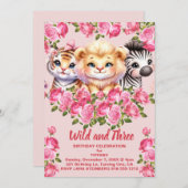 ピンクワイルドと3歳の女の子の誕生日パーティー 招待状 (正面/裏面)