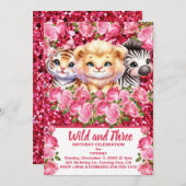 ピンクワイルドと3歳の女の子の誕生日パーティー 招待状 (正面/裏面)