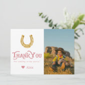 ピンクワイルドウェスト最初のロデオ赤ちゃん女の子1st誕生日 サンキューカード (スタンド正面)