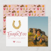 ピンクワイルドウェスト最初のロデオ赤ちゃん女の子1st誕生日 サンキューカード (正面/裏面)