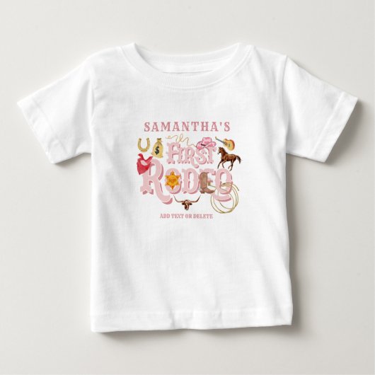 ピンクワイルドウェスト最初のロデオ赤ちゃん女の子1st誕生日 ベビーTシャツ (正面)