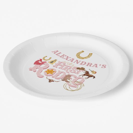 ピンクワイルドウェスト最初のロデオ赤ちゃん女の子1st誕生日 ペーパープレート (アングル)