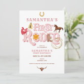 ピンクワイルドウェスト最初のロデオ赤ちゃん女の子1st誕生日 招待状 (スタンド正面)