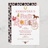 ピンクワイルドウェスト最初のロデオ赤ちゃん女の子1st誕生日 招待状 (正面/裏面)