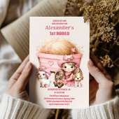 ピンクワイルドウエスト女性のカーボーイ1st誕生日パーティー 招待状