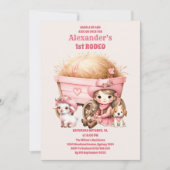 ピンクワイルドウエスト女性のカーボーイ1st誕生日パーティー 招待状 (正面)