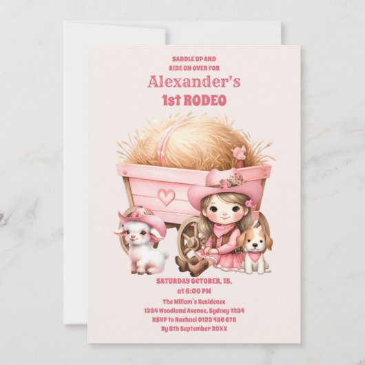 ピンクワイルドウエスト女性のカーボーイ1st誕生日パーティー 招待状 (正面)