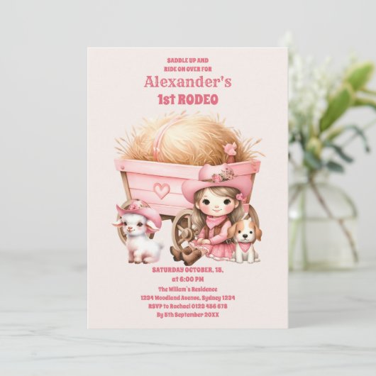 ピンクワイルドウエスト女性のカーボーイ1st誕生日パーティー 招待状 (スタンド正面)