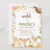 ピンクワイルドウッドランドアニマルズ1st誕生日招待状 招待状 (正面)